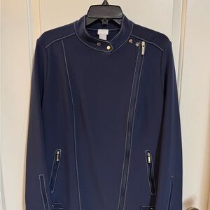 Chico’s Navy Asymmetrical Zip Jacket (Size 2 = Large)